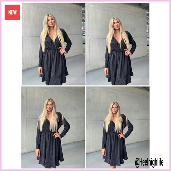 Plus Size Glitter Dress Long Sleeve V Neck Ruffle Hem Cocktail Party - Picture 6 of 8